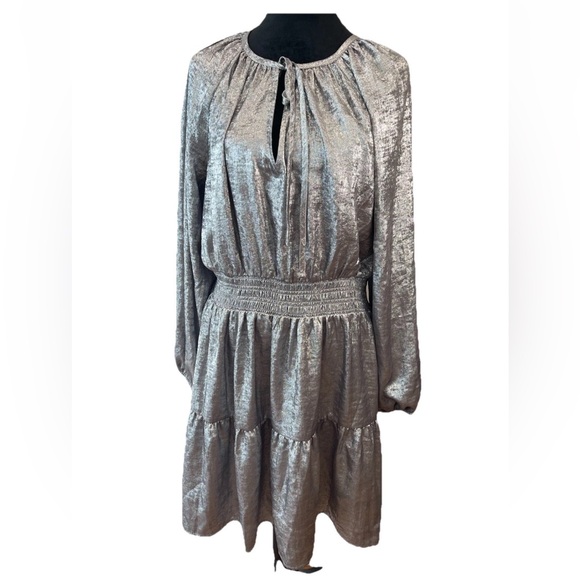 🆕Gap smocked shine‎ split neck mini dress ladies large NWT elastic waist lined - Picture 1 of 13